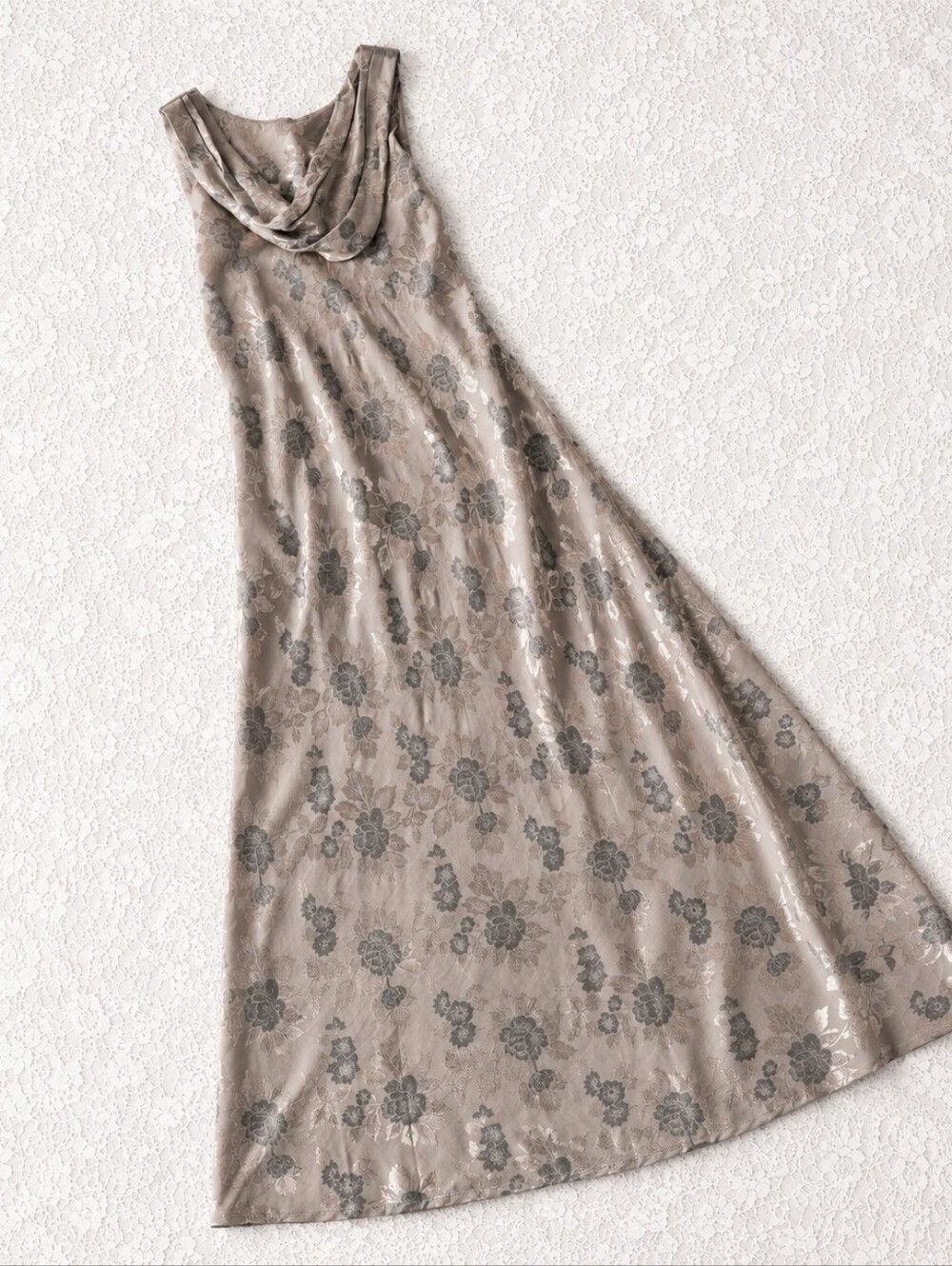 CDC Champagne Floral Jacquard Maxi Dress Cowl Back Vintage 90s Size 6 - Picture 3 of 8